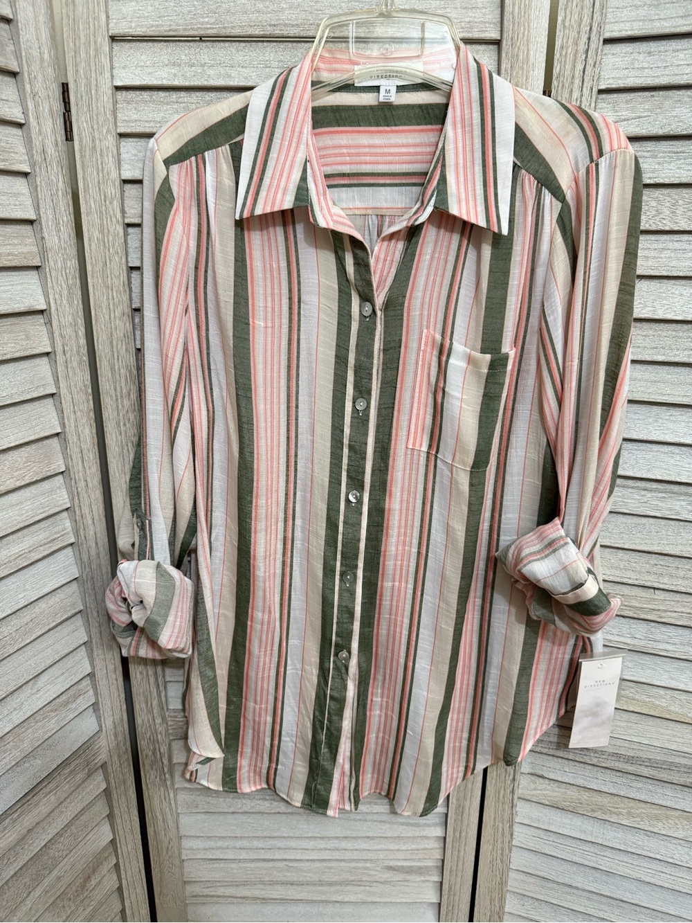 new directions Striped Button-Down Shirt in Pink, Olive & Cream